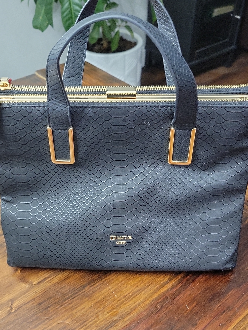 Dune London Black Faux-Snake Tote with Gold Hardware